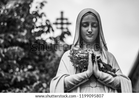 Exterior shallow depth of field black and white photo of statue of the mother Mary in foreground in courtyard of the Cathedral of the Immaculate Conception in Syracuse, New York in Onondaga County