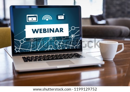 WEBINAR hand on table use E-business Browsing Connection in computer, coffee break in classroom to use cloud communication Royalty-Free Stock Photo #1199129752