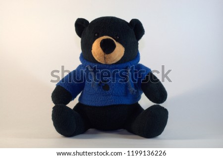 Children's toy, black teddy bear in a blue sweatshirt with a hood. The picture was taken in close-up on a white background.
