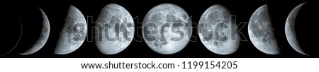 Phases of the Moon: waxing crescent, first quarter, waxing gibbous, full moon, waning gibbous, third guarter, waning crescent, and new moon. The elements of this image furnished by NASA. Royalty-Free Stock Photo #1199154205
