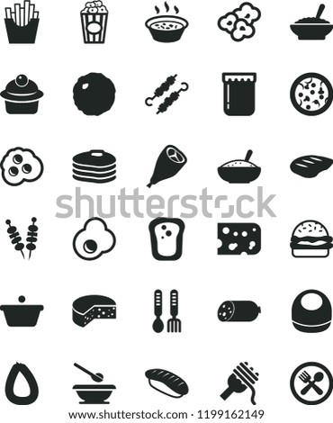 solid black flat icon set baby bib vector, plates and spoons, iron fork, sausage, stick of, piece cheese, fried vegetables on sticks, pizza, burger, spaghetti, muffin, a bowl buckwheat porridge, cup