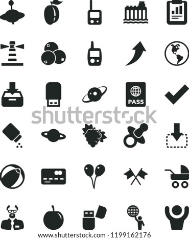 solid black flat icon set check mark vector, dummy, baby powder, carriage, bath ball, toy phone, mobile, yule, colored air balloons, passport, put in a box, planet, move down, branch of grape, tasty