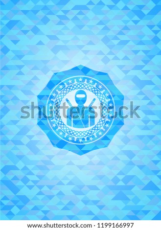 ninja icon inside sky blue emblem with mosaic ecological style background
