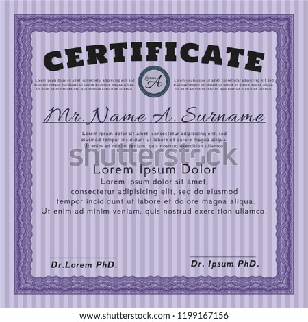 Violet Certificate or diploma template. Cordial design. With complex linear background. Vector illustration. 