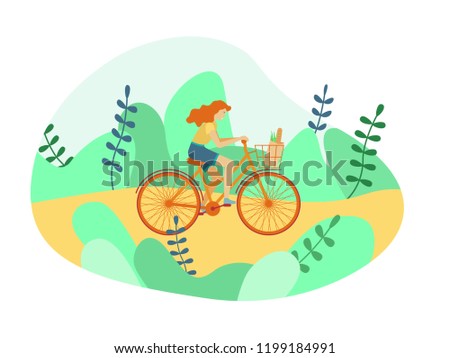 Redhead girl riding bicycle in summer outdoor scene. Vector illustration