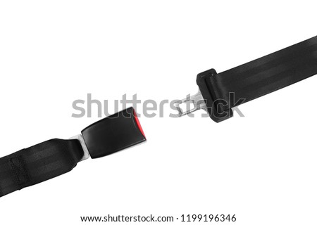 Open car safety seat belt on white background, top view Royalty-Free Stock Photo #1199196346