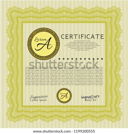 Yellow Certificate template. Nice design. With complex linear background. Detailed. 