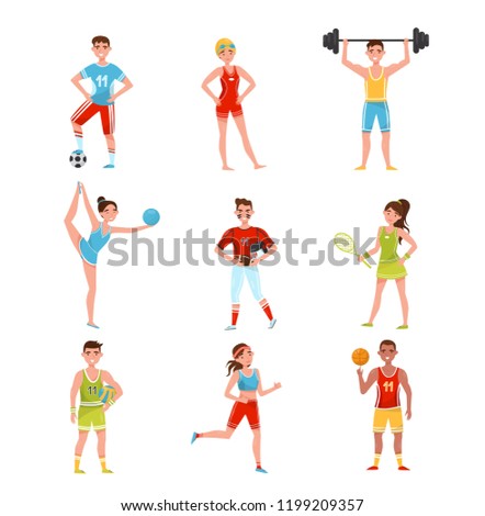 Professional sportsmen set, players in soccer, baseball, basketball, volleyball, tennis and other sports, active sport lifestyle concept vector Illustration