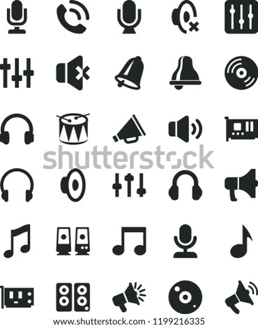 solid black flat icon set bell vector, desktop microphone, horn, loudspeaker, silent mode, drum, headphones, music, CD, regulator, volume, no sound, phone call, megaphone, pc card, speaker, note