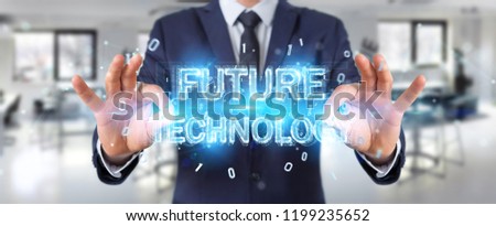 Businessman on blurred background  using future technology text interface 3D rendering