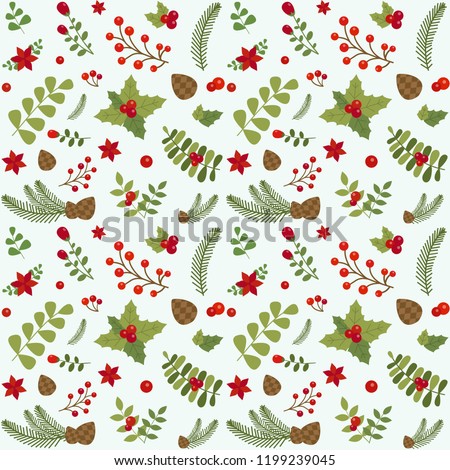 Christmas pattern with holly berry, fir branches, pine cones, green leaves and berries on dark background. Vintage floral ornament for fabric and gift wrapping paper. Xmas seamless background.