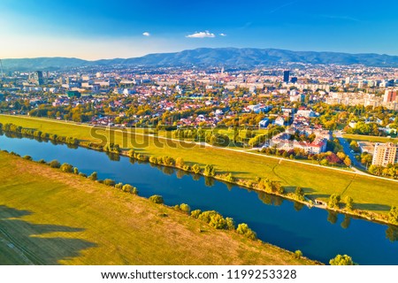 Sava river and Zagreb cityscape aerial view, capital of Croatia Royalty-Free Stock Photo #1199253328