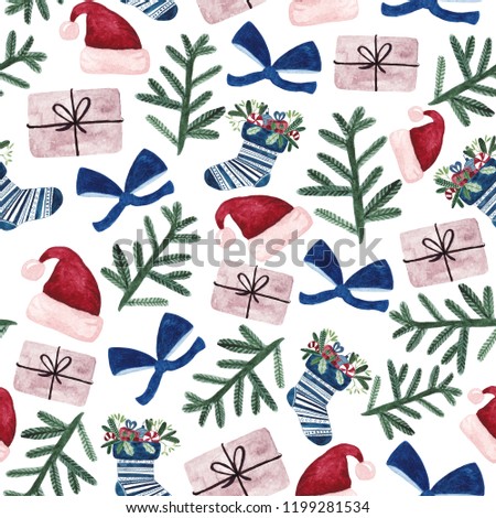 Watercolor pattern with christmas socks, bow, santa hat, envelope, fir tree on white background