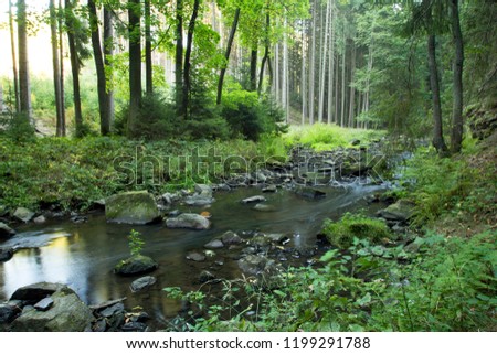 river flowing through the stones lined by trees and plants long exposure