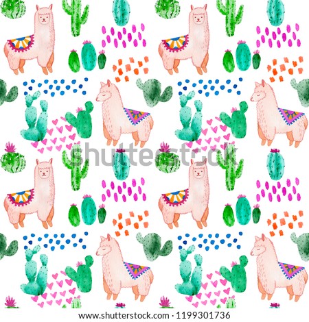 Seamless pattern. Llama and alpaca collection of cute hand drawn watercolor illustrations, cards and design for nursery design, poster, greeting card. Llamas or alpacas clip-art. Cute animals art.