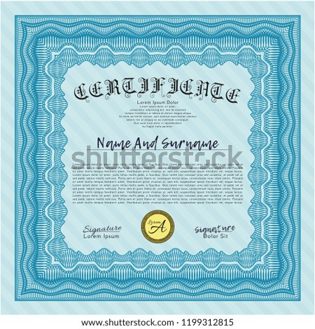 Light blue Classic Certificate template. Vector illustration. With guilloche pattern. Elegant design. 