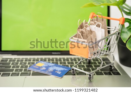 Selling or buying online,shopping online or e-commerce with paper box ,paper bag and credit card in shopping cart or trolley.