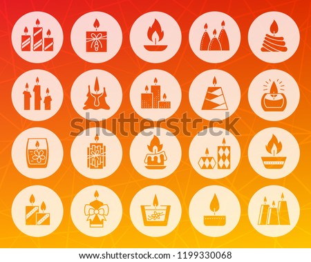 Candle icons set. Web sign kit of church decoration. Memorial Fire pictogram collection. Light simple vector symbol as flame, burning wick, flash. Icon shape carved from circle on colorful background