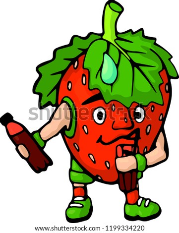 Funny cartoon character strawberry with juice bottle on white background