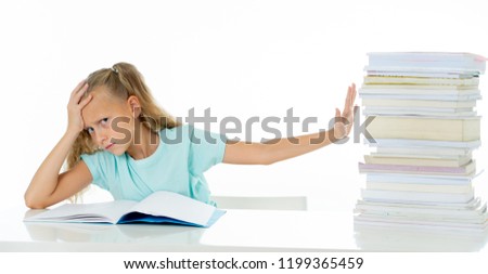 Beautiful school girl trying to study having too many homework that It's driving her crazy in motivation low performance children education concept isolated on white background