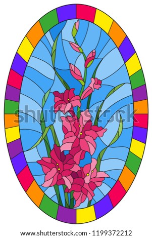 Illustration in stained glass style flower of pink gladiolus on a blue background in a bright frame,oval  image