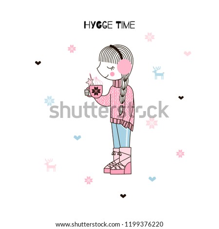 Cute little Girl dressed up in knitted pullover and mountain boots drinking creamy Cappuccino. Ski Resort themed character illustration. Doodle Vector graphic for textile prints, paper goods