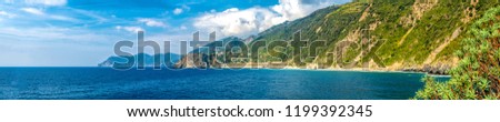 Panoramic view of mountains and ocean near Manarola Italy