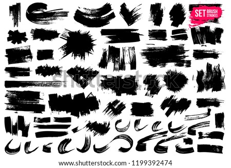 Set of brush strokes. Paintbrush boxes for text. Grunge design elements. Dirty texture banners. Ink splatters. Vector illustration. Isolated on white background. Freehand drawing.
