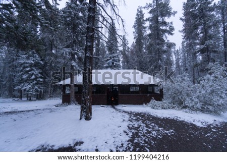 Cold scenery at a hut in the Canadian Rockies with snow and fire pit and pine trees in wonderful scenery and ice and blue rivers running through the scenery with snowy hut