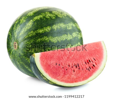 Whole and slice of ripe watermelon isolated on white background Royalty-Free Stock Photo #1199412217