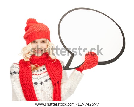 bright picture of smiling woman with blank text bubble.