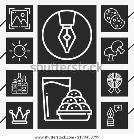 10 collection  outline style icons about hat, photo, liquor, sun, ribbons, cookies, mushroom