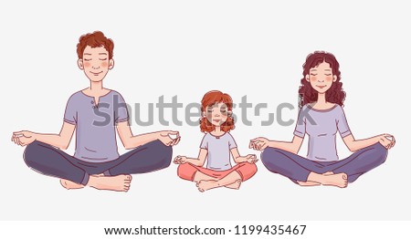 Mother, father and daughter doing yoga in lotus position. Family yoga vector illustration