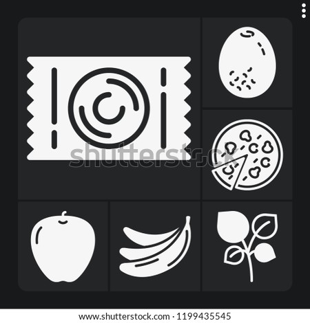 Set of 6 food filled icons such as oregano, bananas, apple, pizza, kiwi