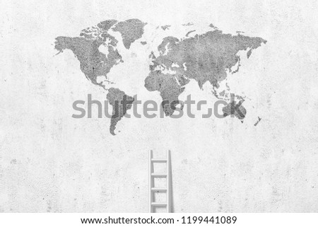 Concrete wall with ladder and world map on background