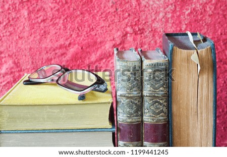 Vintage books and spectacles, close up, literature,reading,education concept, copy space