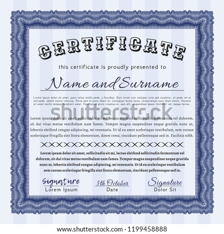 Blue Certificate of achievement template. Money design. Customizable, Easy to edit and change colors. With complex linear background. 