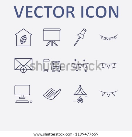 Outline 12 frame icon set. paper pin, bus stop, garlands, tent, add message and leaf home vector illustration