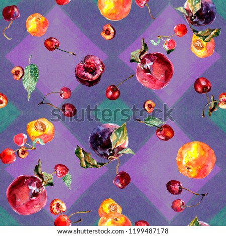 Seamless pattern. Watercolor cherry, plum, apricots and peaches on a checkered background of blue, violet and green tones.