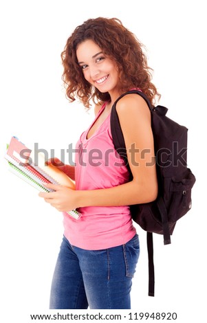 Young student woman posing over white background Royalty-Free Stock Photo #119948920