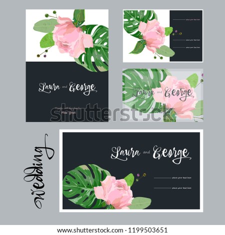 Collection of cards for wedding, pink rose, contrast background, not an autotrace, it is hand drawn in vector