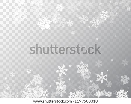 Winter snowflakes border trendy vector background.  Macro snowflakes flying border illustration, card or banner with flakes confetti scatter frame, snow elements. Freezing cold symbols.