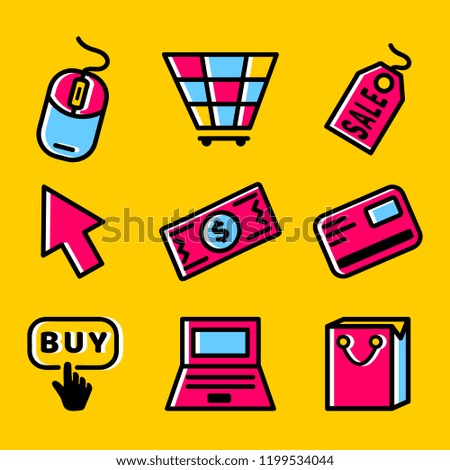 Cyber Monday Icons Set . Vector Icons Web. Holiday online shopping concept on yellow background isolated. Stock Vector Illustration.