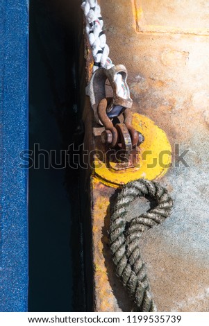 Abstract vintage marine industrial detail background portrait overhead view image of sailors rope and steel anchor chain in old harbour of San Francisco, U.S. Navy port, California, U.S.A.