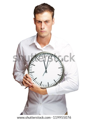 Angry Man Holding Clock In His Hand On White Background