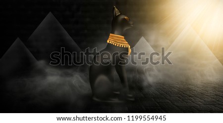 Egyptian asbstract background, goddess of Egypt Bastet, abstract neon bokeh background, rays