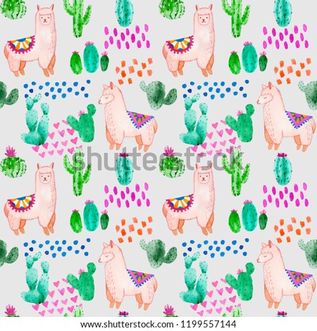 Seamless pattern. Llama and alpaca collection of cute hand drawn watercolor illustrations, cards and design for nursery design, poster, greeting card. Llamas or alpacas clip-art. Cute animals art.