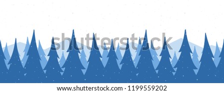 Vector illustration: Seamless mountains background. Template of Christmas greeting banner with winter snowy pine forest.