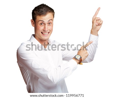 Portrait Of Handsome Mature Man Pointing Up On White Background Royalty-Free Stock Photo #119956771