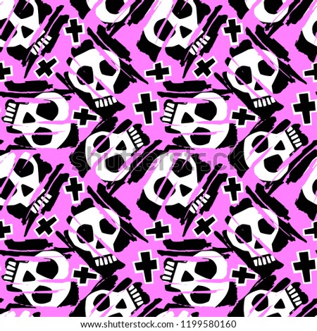 Skull funky seamless rough grunge pattern, modern design template. Hipster trendy painted style texture, poster with different doodle elements.Urban bright youth textiles sample